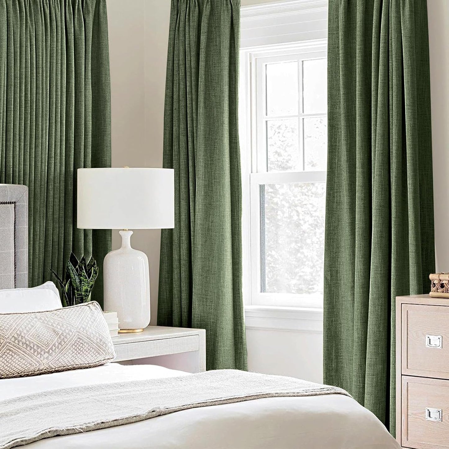 MIULEE 100% Blackout Linen Textured Curtains - Thermal Insulated Olive Green Drapes | 52 x 54 Inch (2 Panels)