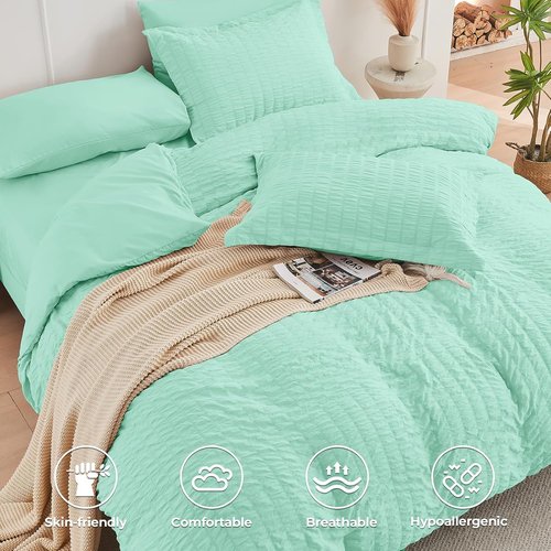 HYMOKEGE Queen Comforter Set - Mint Green Seersucker 7-Piece Luxury Bedding | All-Season Bed in a Bag