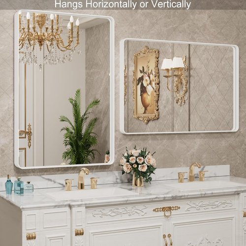 LOAAO Bathroom Mirror - 32x36 Inch White Metal Framed Vanity Mirror | Large Rounded Rectangle, Anti-Rust Tempered Glass