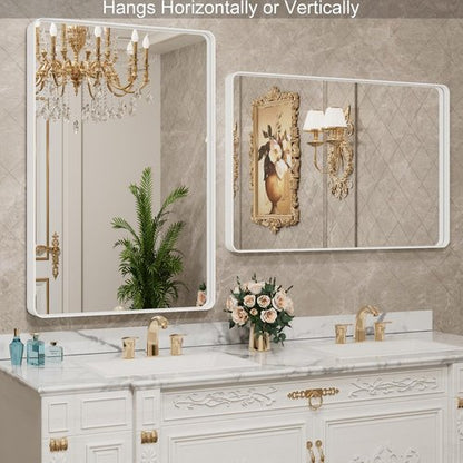 LOAAO Bathroom Mirror - 32x36 Inch White Metal Framed Vanity Mirror | Large Rounded Rectangle, Anti-Rust Tempered Glass
