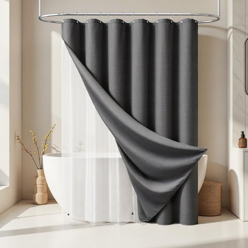 Dynamene Extra Long Shower Curtain and Liner Set - 96 inch Tall Waffle Fabric, Waterproof Clear Liner, Heavy Duty Weighted Hotel Luxury Shower Curtains for Bathroom with 12 Hooks, 72x96, Charcoal Grey