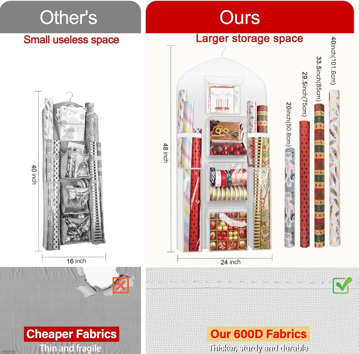 Oxford Extra Large Gift Wrapping Paper Storage Bag - Double-Sided Christmas Wrapper Organizer, 48x24