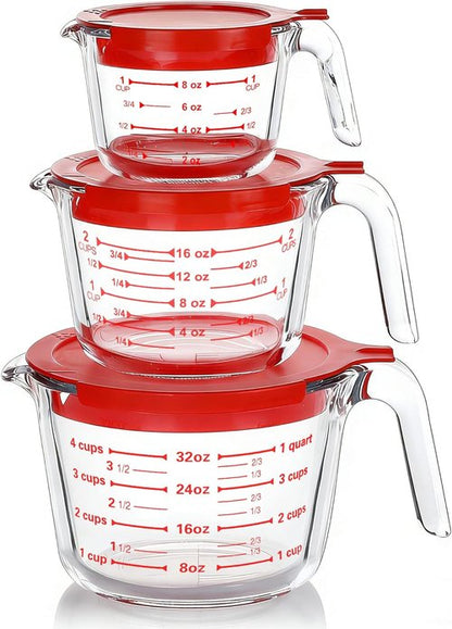 MCIRCO Glass Measuring Cups Set - 6 Pcs with Lids, Nesting Design, 1-Cup to 4-Cup Sizes