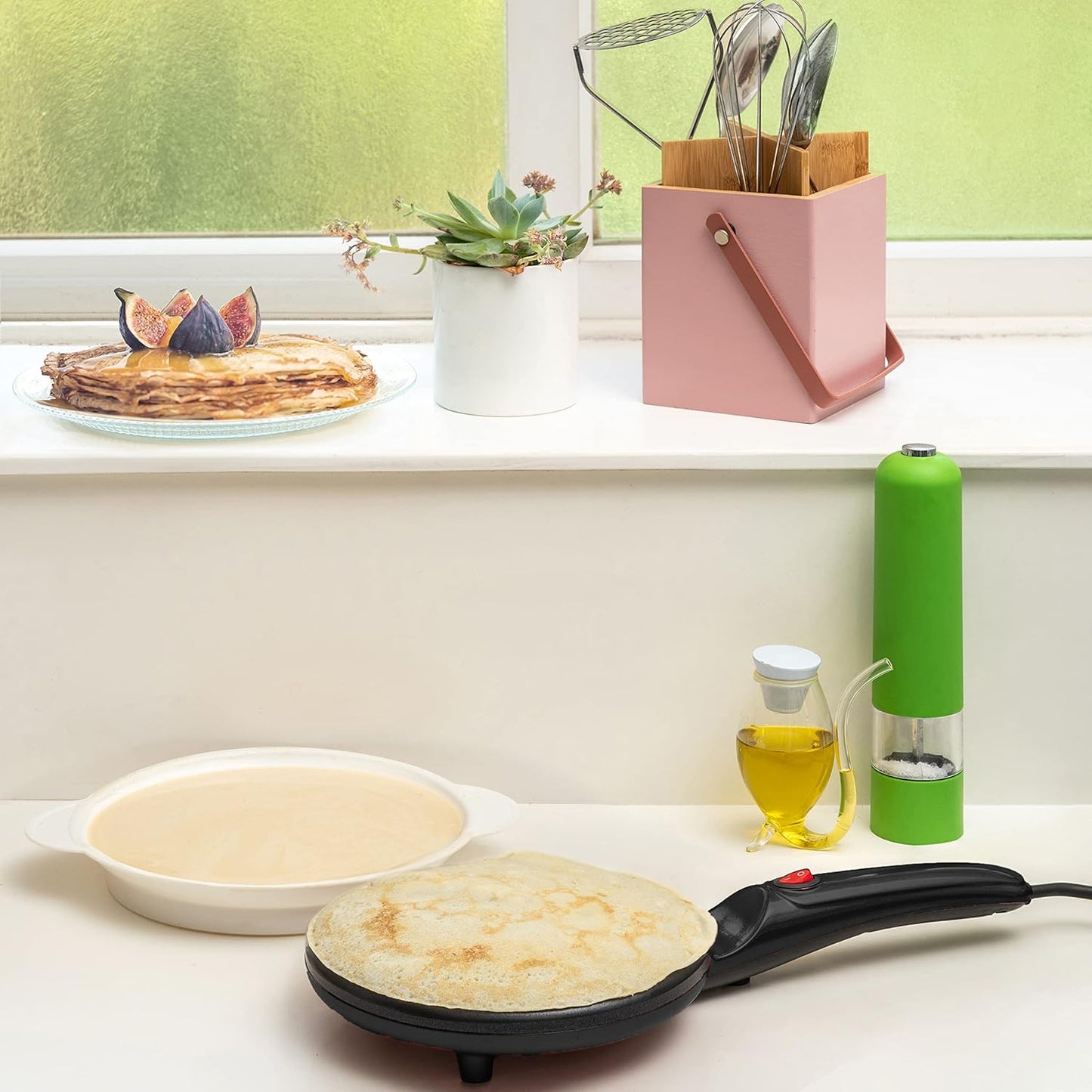 Moss & Stone Electric Crepe Maker - 8” Nonstick Portable Pan with Dipping Plate & Auto Shut-Off