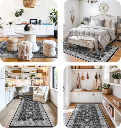 Regine Switzerland Washable 4x8 Hallway Runner Rug - Vintage Soft Low Pile Carpet with Non-Slip Backing | Black