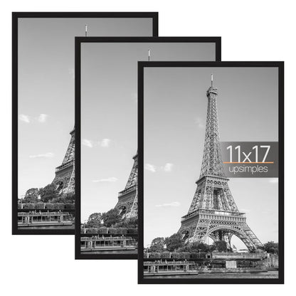 upsimples 11x17 Picture Frame Black 3 Pack, Scratch-Proof 11 x 17 Poster Frames for Photo Gallery - Slide-In Strips, Horizontal or Vertical Wall Mounting