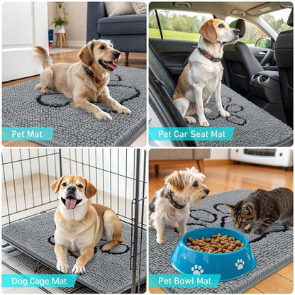 OLANLY Dog Door Mat for Muddy Paws 36x24, Paw Print Design, Absorbs Moisture and Dirt, Absorbent Non-Slip Washable Doormat, Quick Dry Chenille Mud Mat for Dogs, Entry Indoor Entryway Carpet, Grey