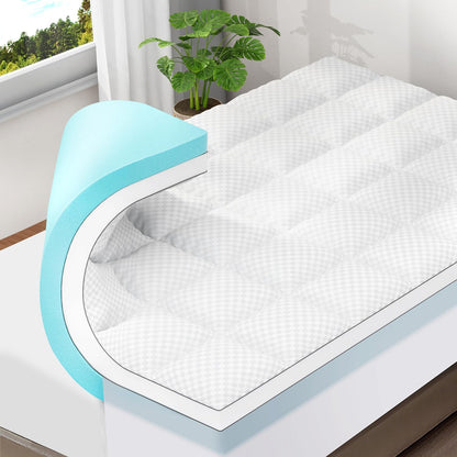 OLANLY Memory Foam Mattress Topper - 4 Inch Queen Size with Cooling Pillow Top & Gel Layer, White