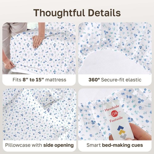 California Design Den Twin XL Cotton Sheet Set - 400 Thread Count, Award-Winning Sateen Finish, Floral White/Blue