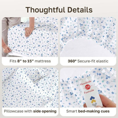 California Design Den Twin XL Cotton Sheet Set - 400 Thread Count, Award-Winning Sateen Finish, Floral White/Blue