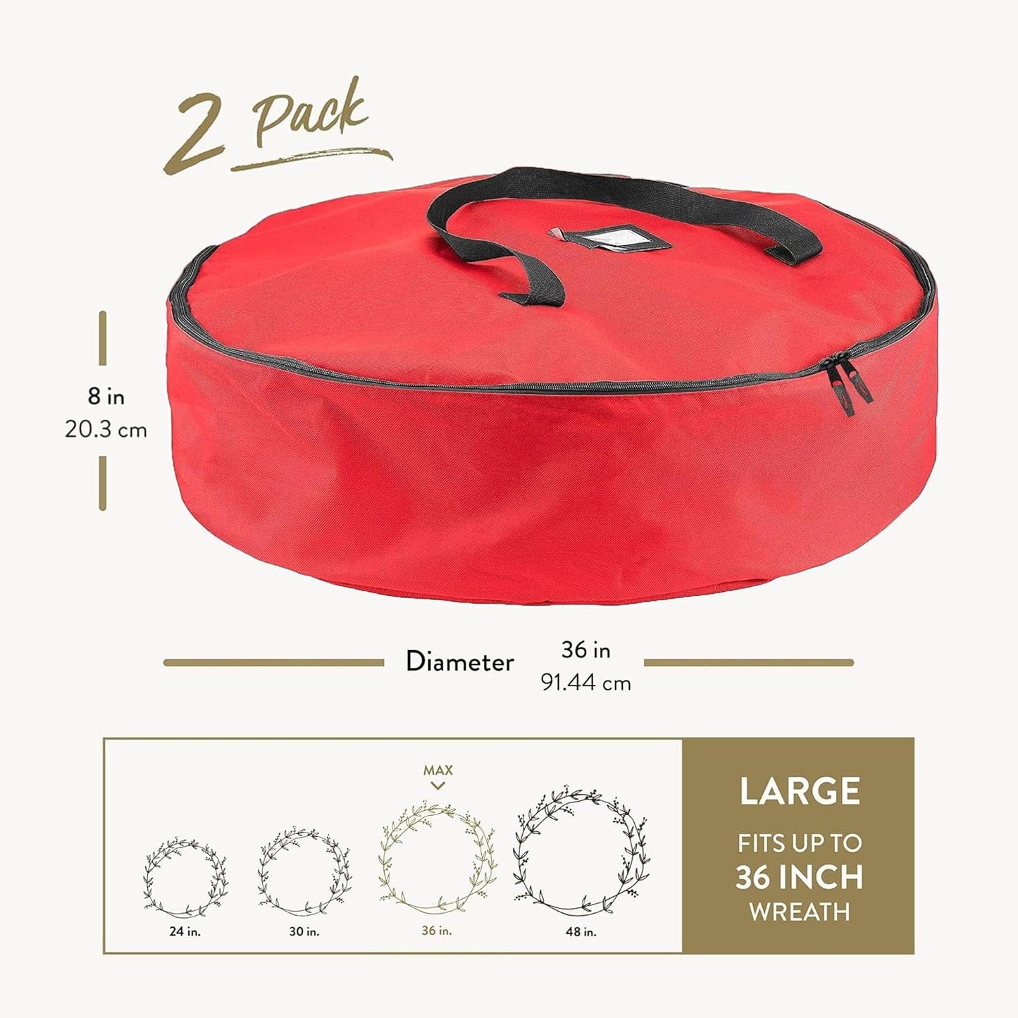 ZOBER Oxford Christmas Wreath Storage Container - 36 Inch Waterproof Bag with Dual Zippers & Durable Handles - Red