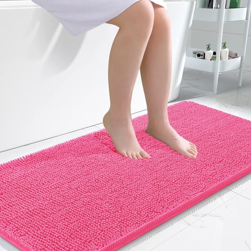 OLANLY Bathroom Rugs 45x27, Extra Soft Absorbent Chenille Bath Rugs, Rubber Backing Quick Dry, Machine Washable Bath Mats for Bathroom Floor, Tub and Shower, Home Decor Accessories, Hot Pink