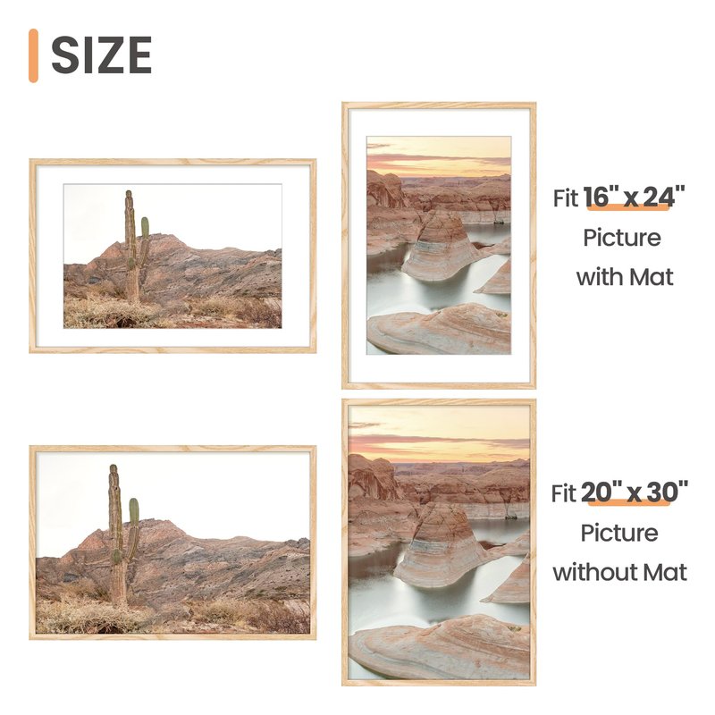 upsimples 20x30 Poster Frame, Display Pictures 16x24 with Mat or 20x30 Without Mat, Wall Hanging Picture Frame, Natural, 1 Pack
