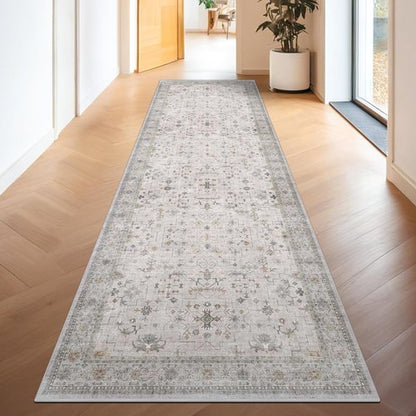 Hazo Haus Kitchen Rug - Light Gray Modern Boho Floral Design | Washable Non-Slip 10 ft Runner