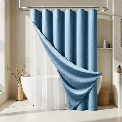 Dynamene Stall Shower Curtain and Liner Set - 36 x 72 inch Half Waffle Fabric, Narrow Waterproof Clear Liner, Heavy Duty Weighted Hotel Luxury Shower Curtains for Bathroom, 6 Hooks, Moonlight Blue