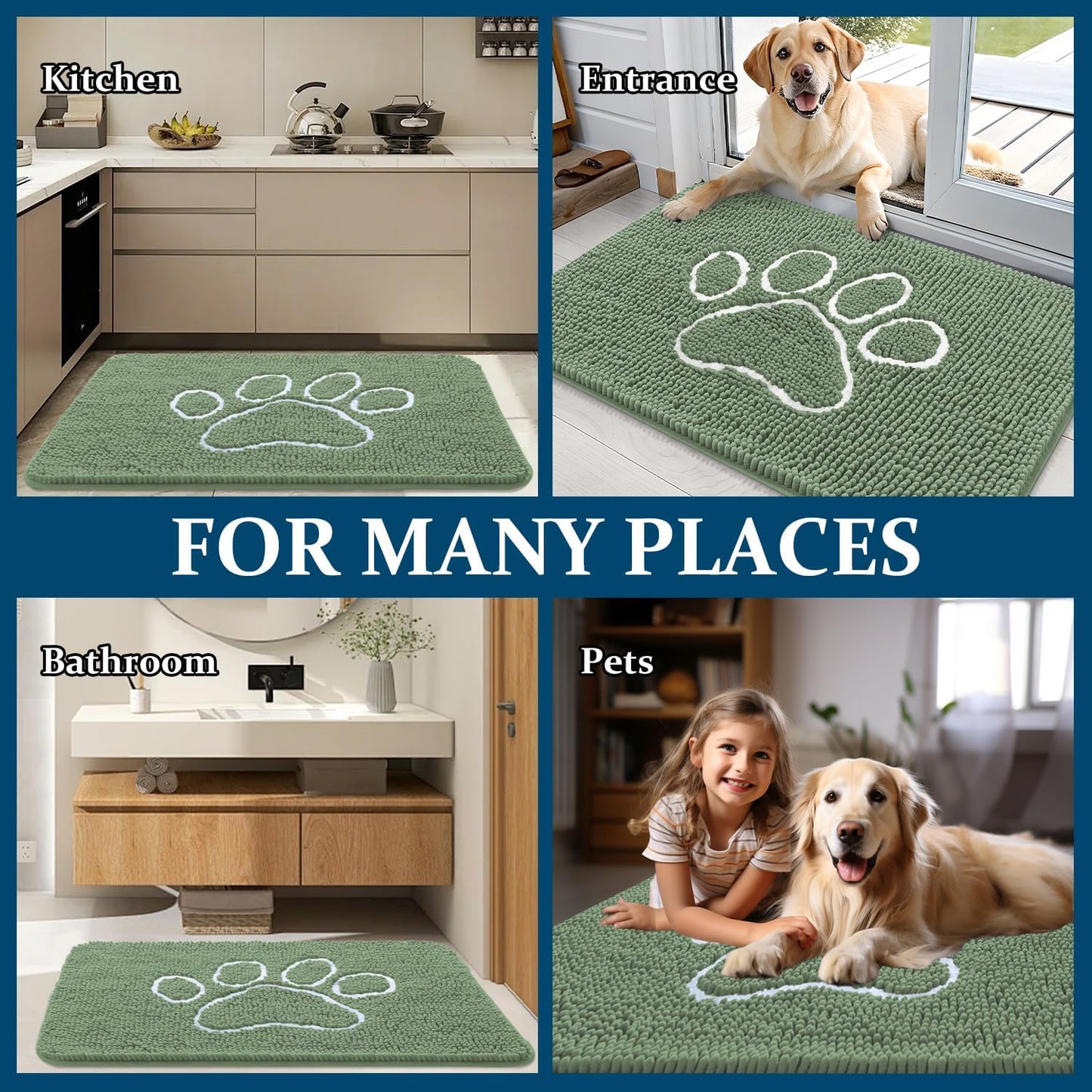 OLANLY Dog Door Mat - Absorbent Muddy Paws Doormat | Non-Slip Chenille, 30x20, Olive Green & White