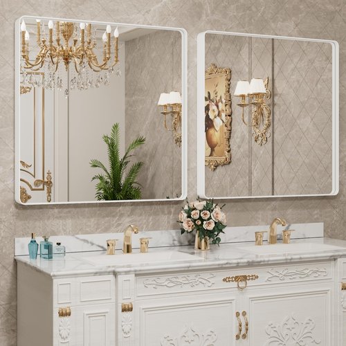 LOAAO 30x30 Inch White Metal Framed Bathroom Mirror for Wall, White Bathroom Vanity Mirror Farmhouse, Large Rounded Rectangle Mirror, Anti-Rust, Hangs Horizontally or Vertically