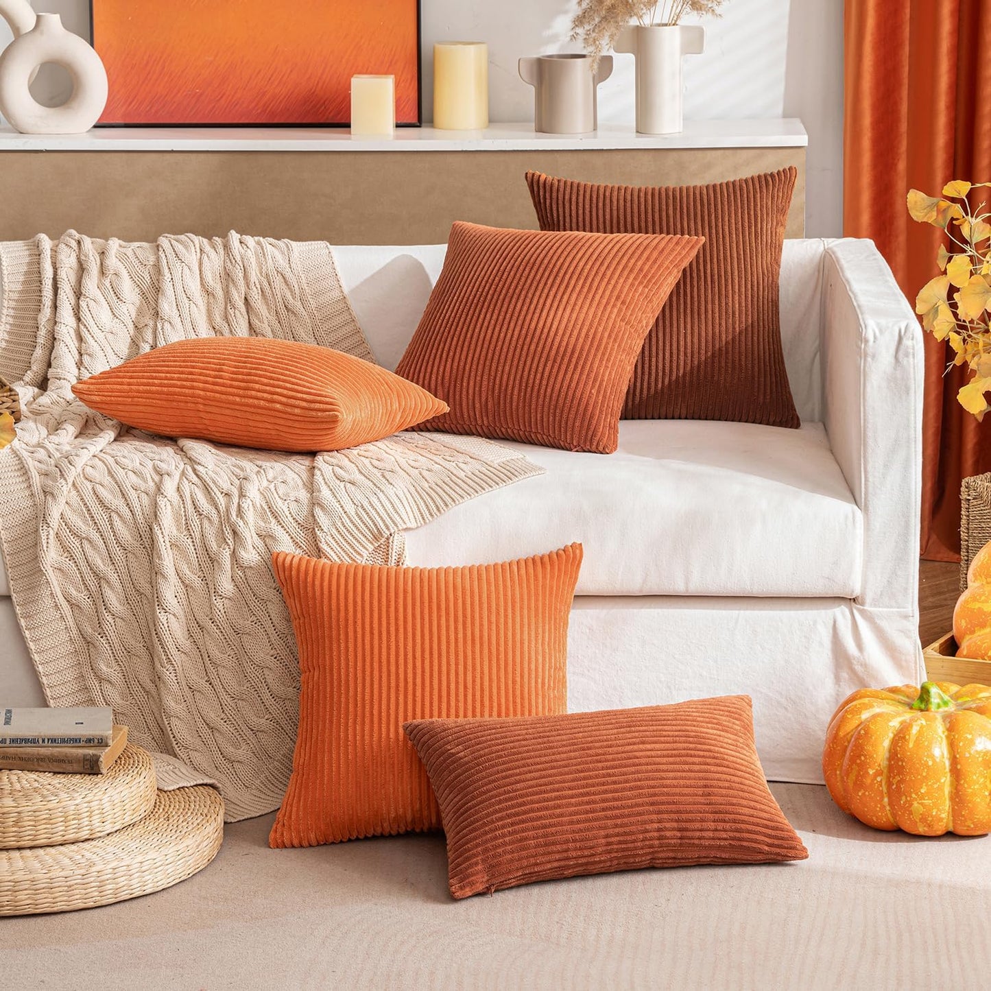 MIULEE Decorative Corduroy Throw Pillow Covers - Soft Solid Cushion Cases for Sofa | 18 x 18 Inch Dark Rust