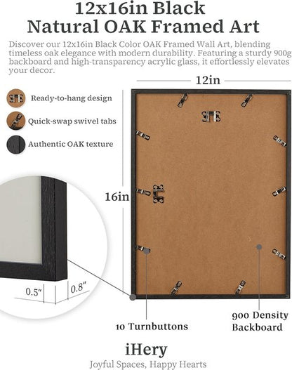 iHery Premium Framed Wall Art - Natural Black Oak 12x16in Retro Aesthetic Canvas Decor | Perfect for Girly Dorms & Living Rooms