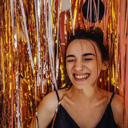 Gold Metallic Tinsel Foil Fringe Curtains by [Brand Name] - 5 Pack Photo Booth Props for Parties & Celebrations