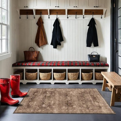 Boho Taupe Brown 3x5 Area Rug - Modern Vintage Washable Non-Slip Design for Entryway & Kitchen
