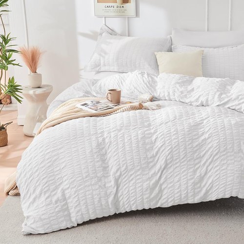 HYMOKEGE White Queen Comforter Set - 7-Piece All-Season Luxury Bedding Set with Sheets & Pillowcases