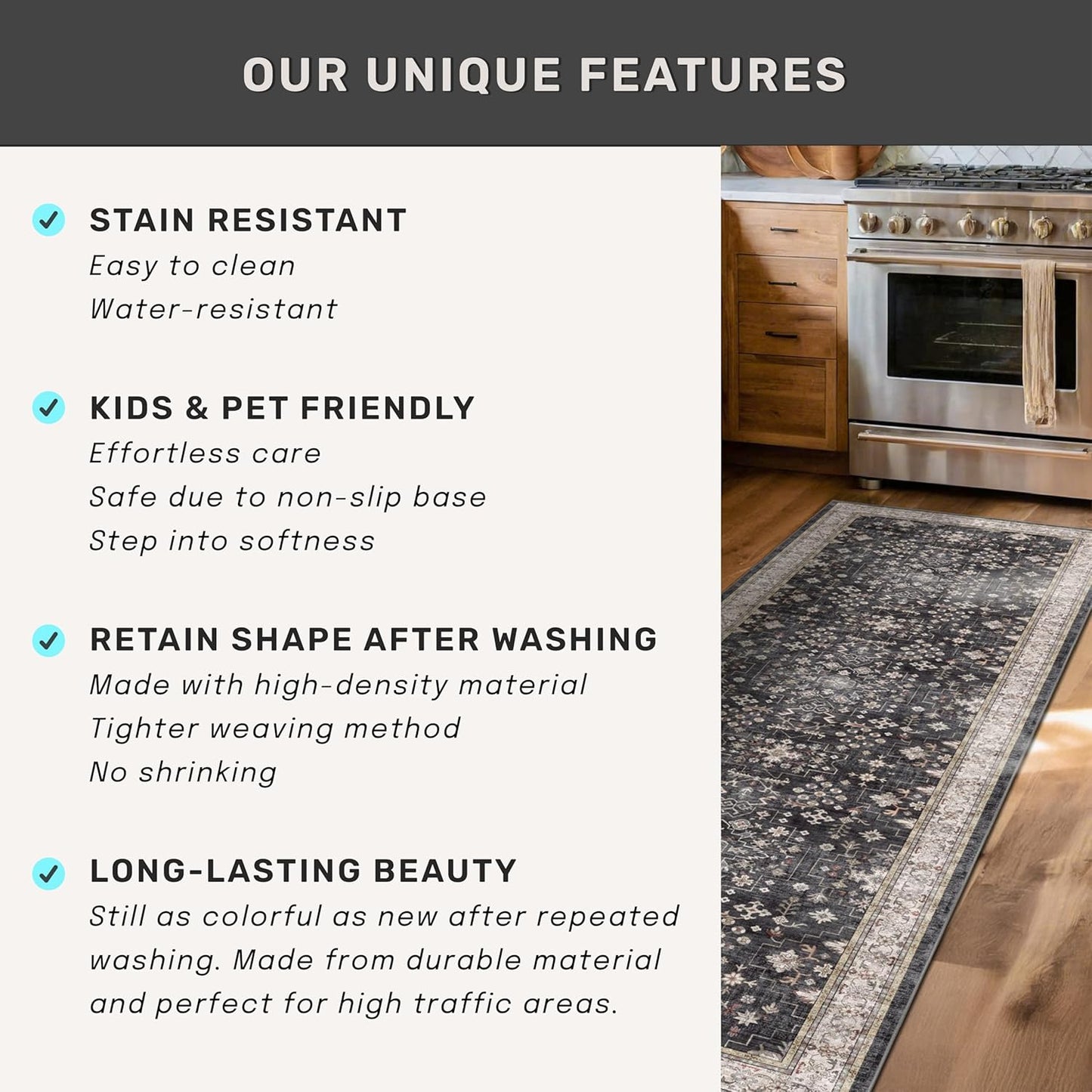 Skiennix Black Boho Rug - Washable Vintage Low Pile Carpet for Living Room | 9x12 Non-Slip Design