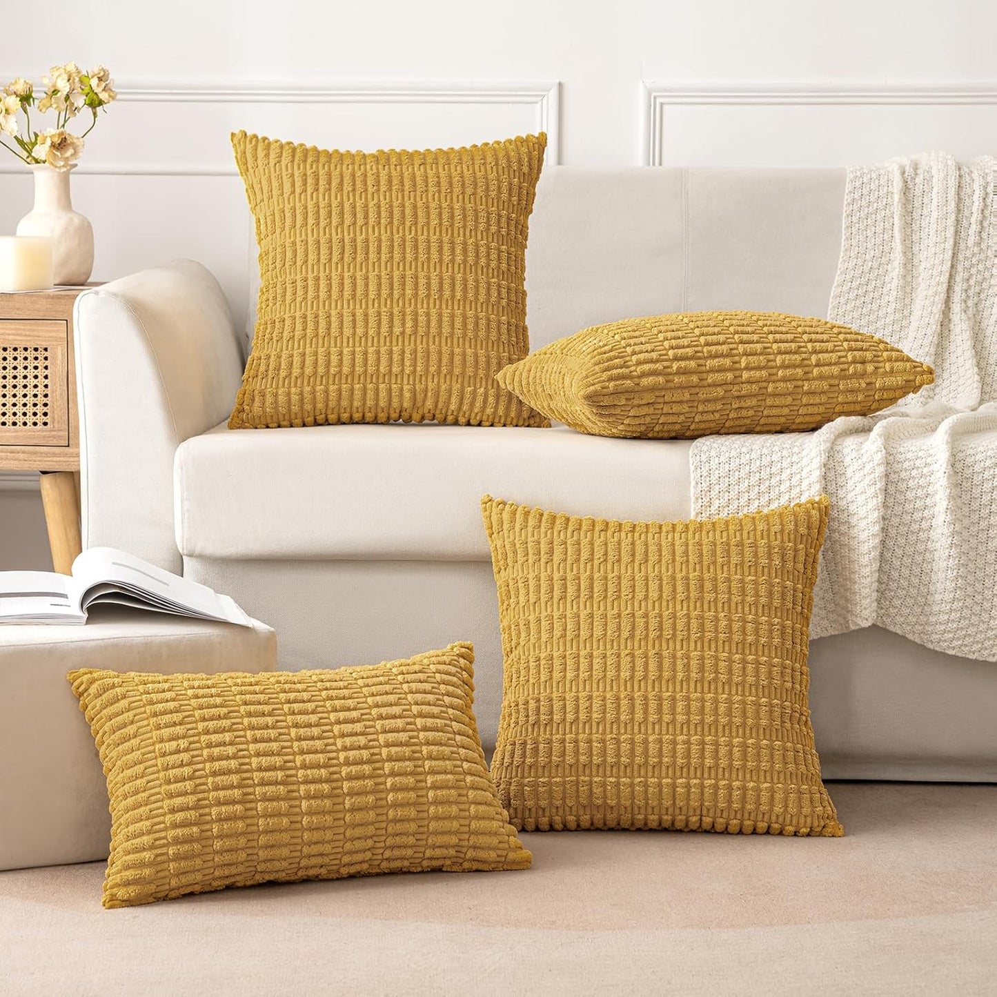 MIULEE Corduroy Throw Pillow Covers - Soft Boho Striped Design | 18x18 Inch Yellow Decor for Sofa & Bed