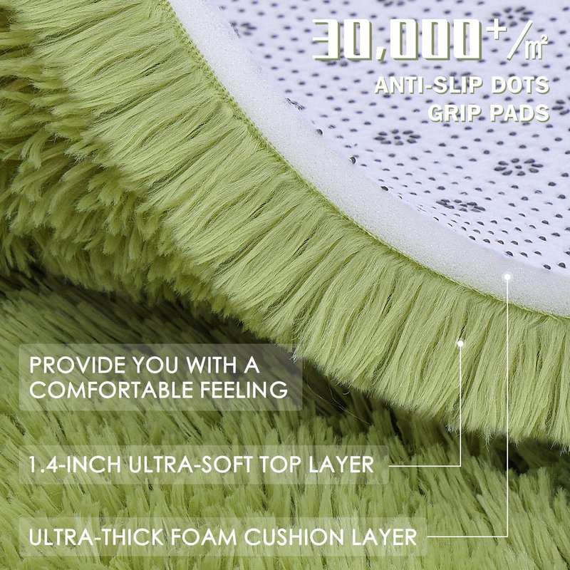 OLANLY Grass Green Round Rugs for Bedroom - Machine Washable, 8 ft Circle Area Rugs for Living Room, Soft and Fluffy Shaggy Carpet for Teen Girls and Boys, Nursery Rooms, Dorms, Home Decor Aesthetic