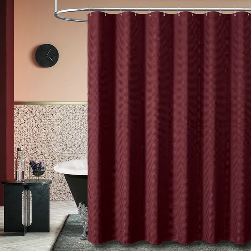 Dynamene Long Fabric Shower Curtain - 78 inch Long Waffle Weave Weighted Cloth Shower Curtains for Bathroom, Neutral Heavy Duty Hotel Spa Luxury Bath Curtain Set with 12 Plastic Hooks,72x78, Burgundy