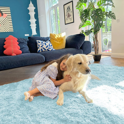 OLANLY 3x5 Soft Fluffy Shaggy Rug - Machine Washable Indoor Carpet for Kids & Nursery | Light Blue