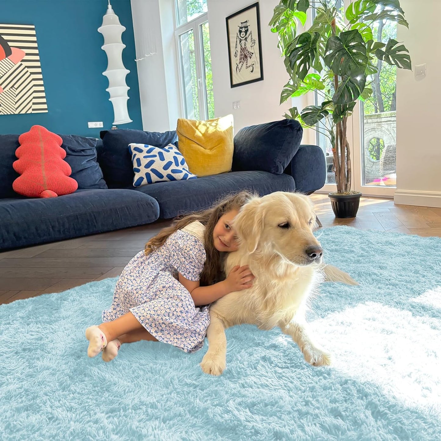 OLANLY Large Area Rug - Soft Fluffy Shaggy Indoor Carpet for Living Room & Bedroom | Light Blue 6x9