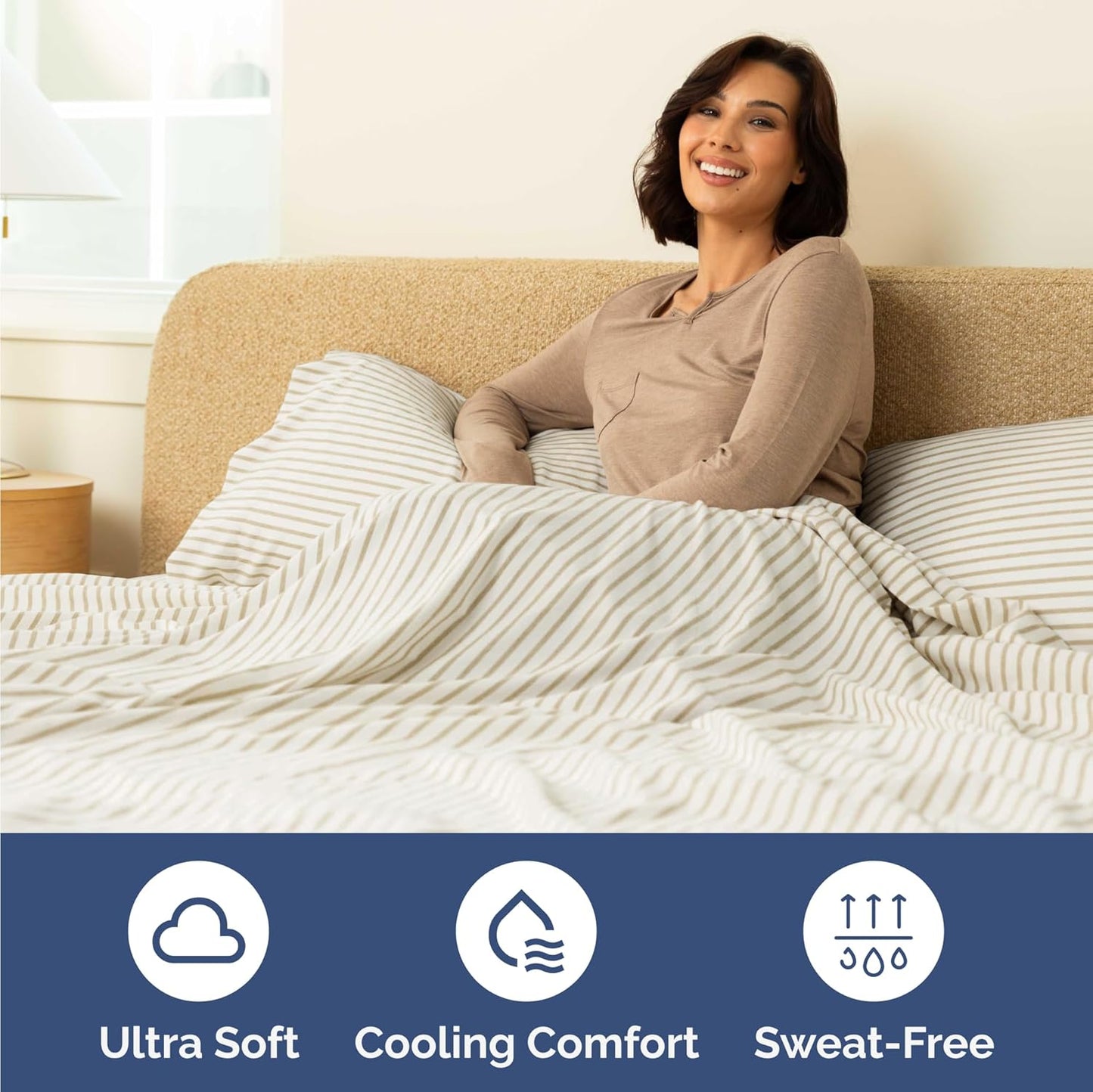 Skiennix Twin Size Sheet Set - Comfy Cooling Bedding with Deep Pockets - Soft, Wrinkle-Free Beige Stripes