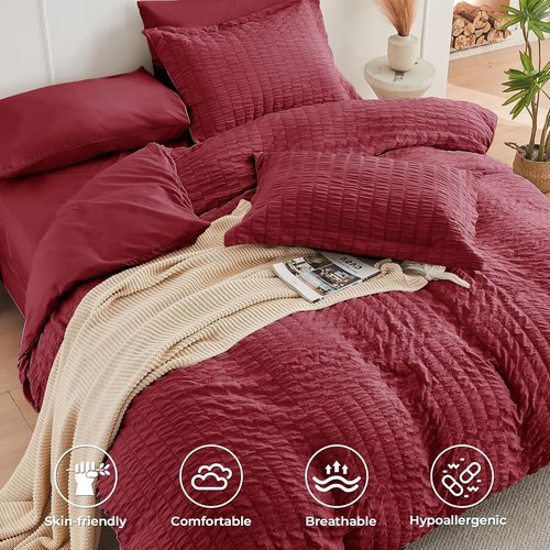 HYMOKEGE Burgundy Queen Comforter Set - 7-Piece All-Season Luxury Bedding Set with Sheets & Pillowcases