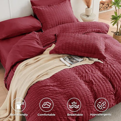 HYMOKEGE Burgundy Comforter Set - Luxurious 7-Piece All-Season Bedding Set with Sheets & Pillowcases