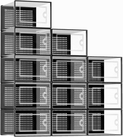 Kuject X-Large Clear Plastic Shoe Storage Boxes - Stackable 12-Pack for Sneakers & Toy Organization | Black