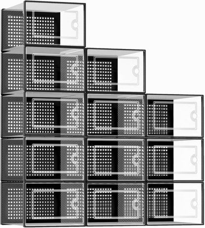 Kuject X-Large Clear Plastic Shoe Storage Boxes - Stackable 12-Pack for Sneakers & Toy Organization | Black