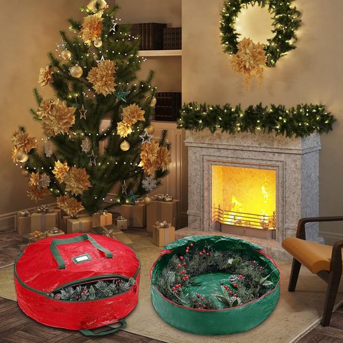 Christmas Wreath Storage Bag 24 Inch | 2-Pack Organizer with Dual Zipper & Handles for Safe Ornament Protection