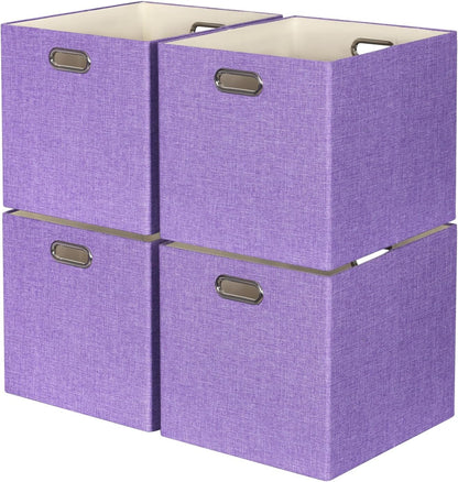 Skiennix Storage Cube Bins - Foldable Fabric Organizer Baskets | 4-Pack Decorative Storage Boxes in Purple