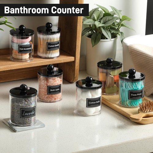 Clear & Black Acrylic Qtip Holder Dispenser | 8 Pack Cotton Swab Storage Canister Set - Bathroom Essentials