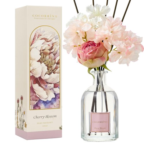 COCORRÍNA Reed Diffuser - Cherry Blossom 8.5 Fl.oz/ 250ml Flower Diffuser with 8 Sticks, Reed Diffusers for Home Bathroom Shelf Decor