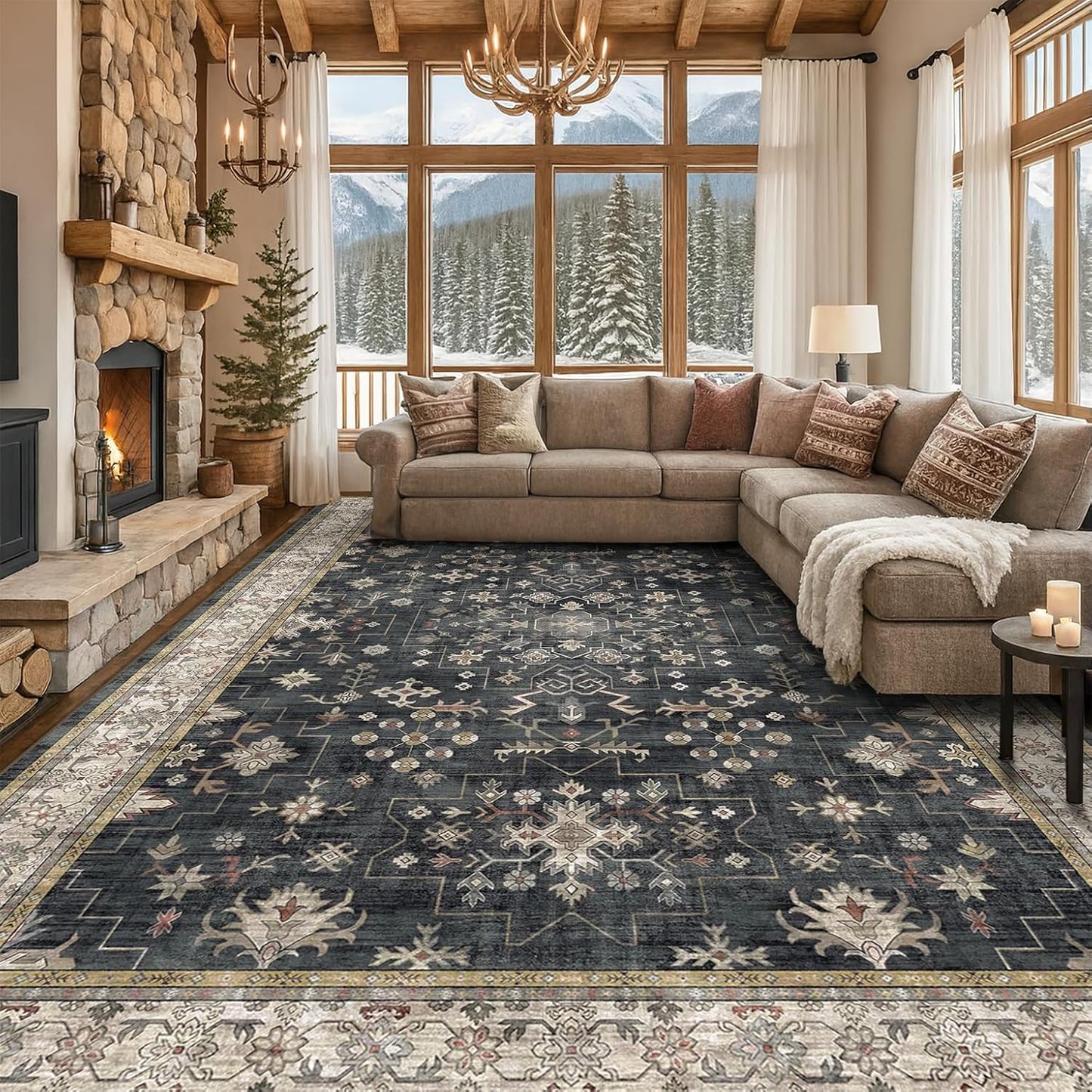 Skiennix Black Boho Rug - Washable Vintage Low Pile Carpet for Living Room | 9x12 Non-Slip Design
