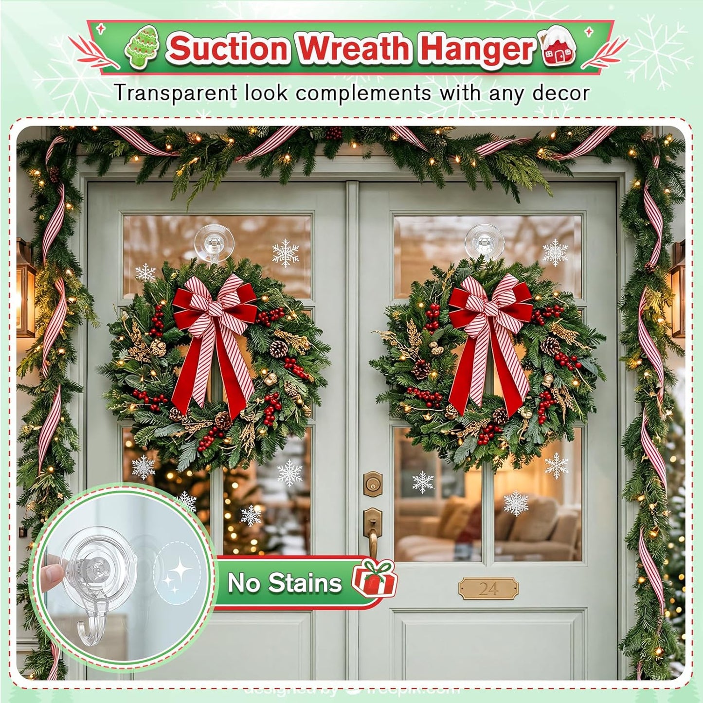 VIS'V Wreath Hanger - Heavy Duty Suction Cup Hooks | 22 LB Capacity, Removable & Reusable, Clear, 8 Pcs