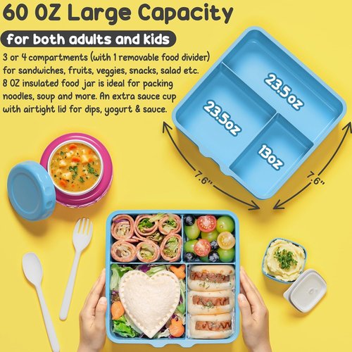 Fimibuke Kids Bento Lunch Box - Leakproof 3-Compartment Container with Insulated Food Jar & Water Bottle