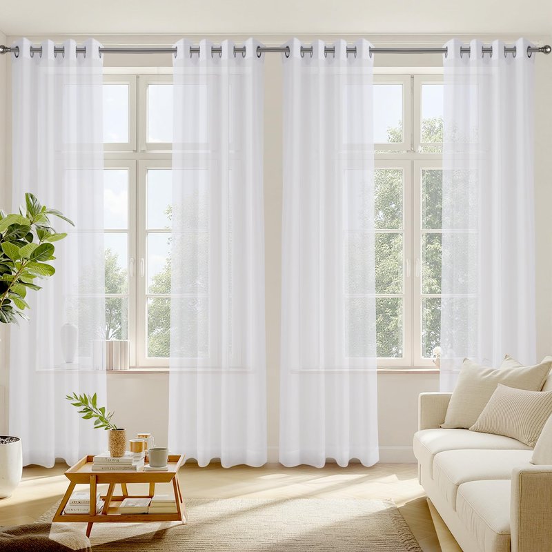 RYB HOME White Sheer Curtains 96 inches Long 4 Panels Set for Living Room, Light Filtering Voile Window Drapes with Grommet for Bedroom, W 54" x L 96"