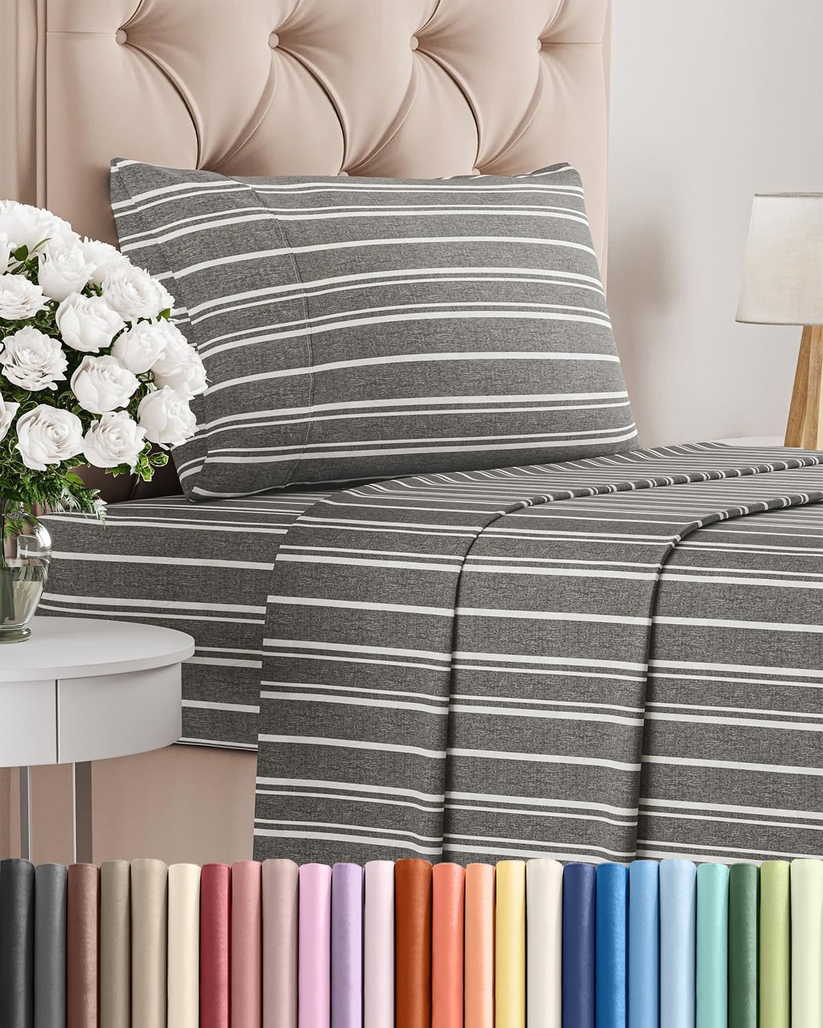 Skiennix Twin XL Sheet Set - Comfy Breathable Cooling Bedding - Hotel Luxury Grey Stripes - Deep Pockets, Wrinkle-Free