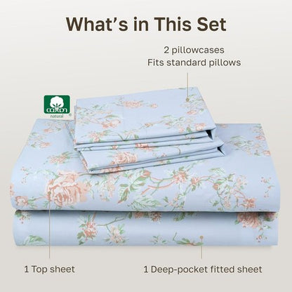 California Design Den Bed Sheets Set - Soft Cotton, 400 TC, Award-Winning Sateen Finish, Deep Pockets | Floral Blue/Pink Full Size