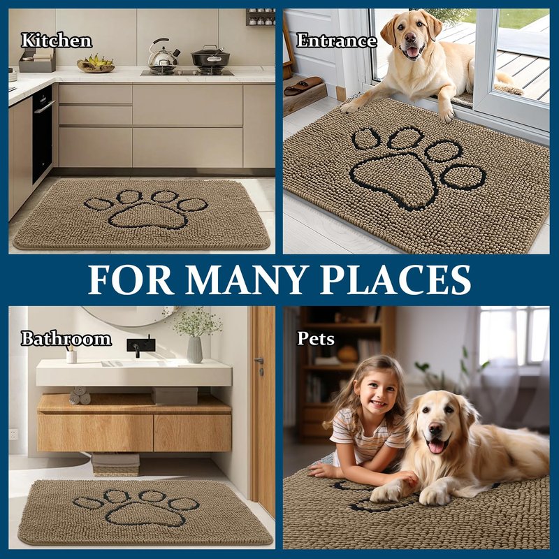 OLANLY Dog Door Mat for Muddy Paws 36x24, Paw Print Design, Absorbs Moisture and Dirt, Absorbent Non-Slip Washable Doormat, Quick Dry Chenille Mud Mat for Dogs, Entry Indoor Entryway Carpet, Tan
