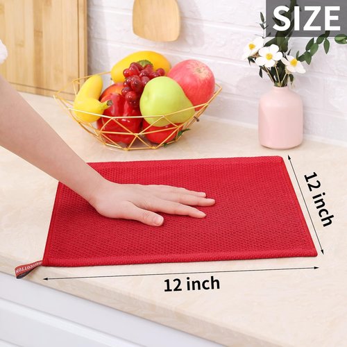 Homaxy 100% Cotton Waffle Weave Dish Cloths - Ultra Soft & Absorbent Quick-Drying Towels | 12x12 Inches, 6-Pack, Red