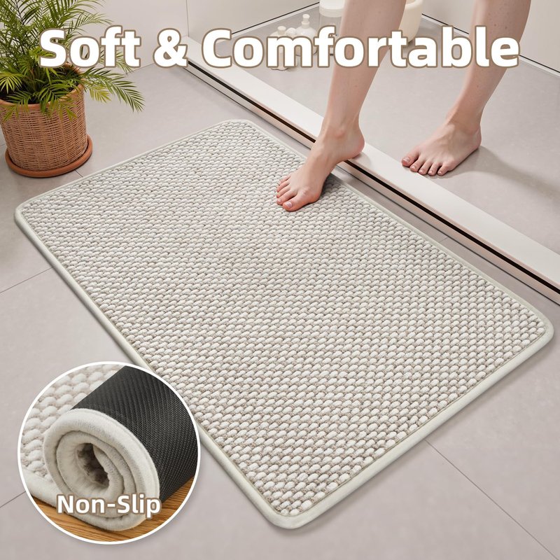 PADOOR-Bath Mat-Super Absorbent Chenille Bathroom Mats-Rubber Backed Bath Mats for Bathroom Non Slip, Easy Clean Bathroom Rugs Front of Bathtub,Shower Room,Sink-17×28, Beige&Cream